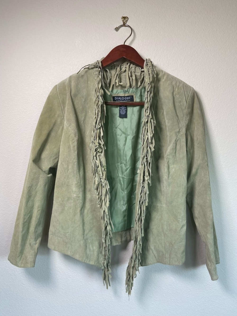 Vintage Dialogue Sage Green Suede Fringe Jacket